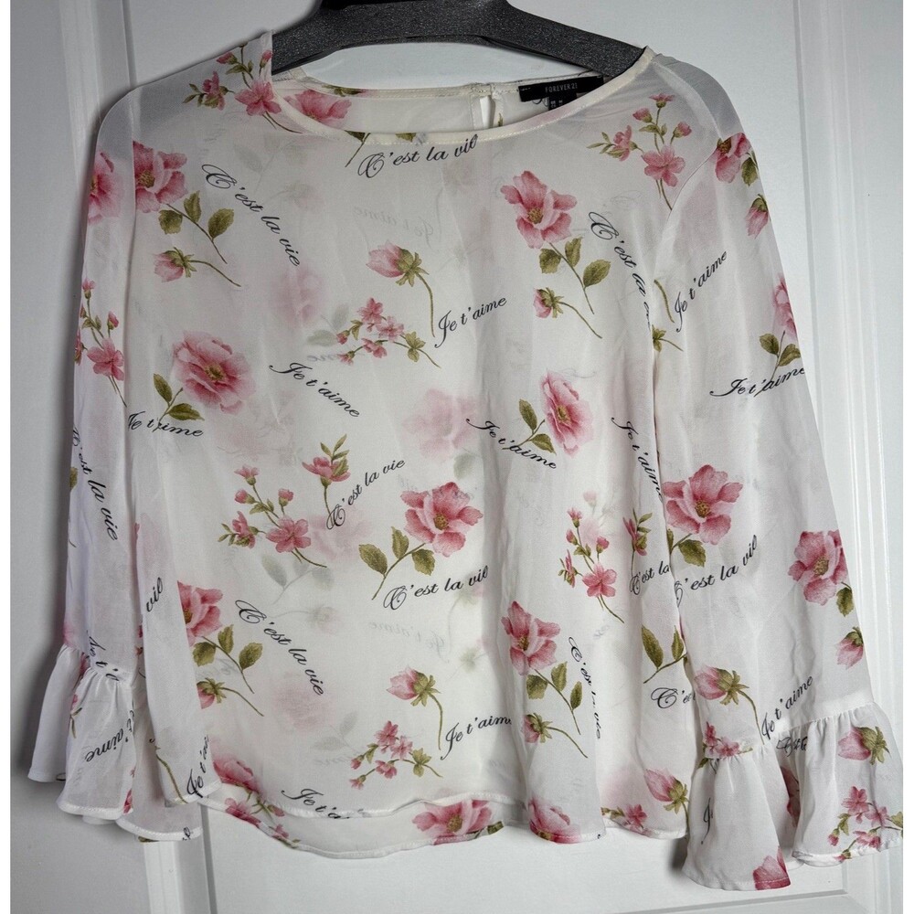 Forever 21 Floral Chiffon Blouse Women M Sheer Romantic Ruffle Sleeve Top.